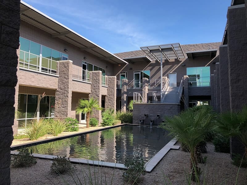 Office complex in Phoenix, stairs, roofs, fountain and exterior walls